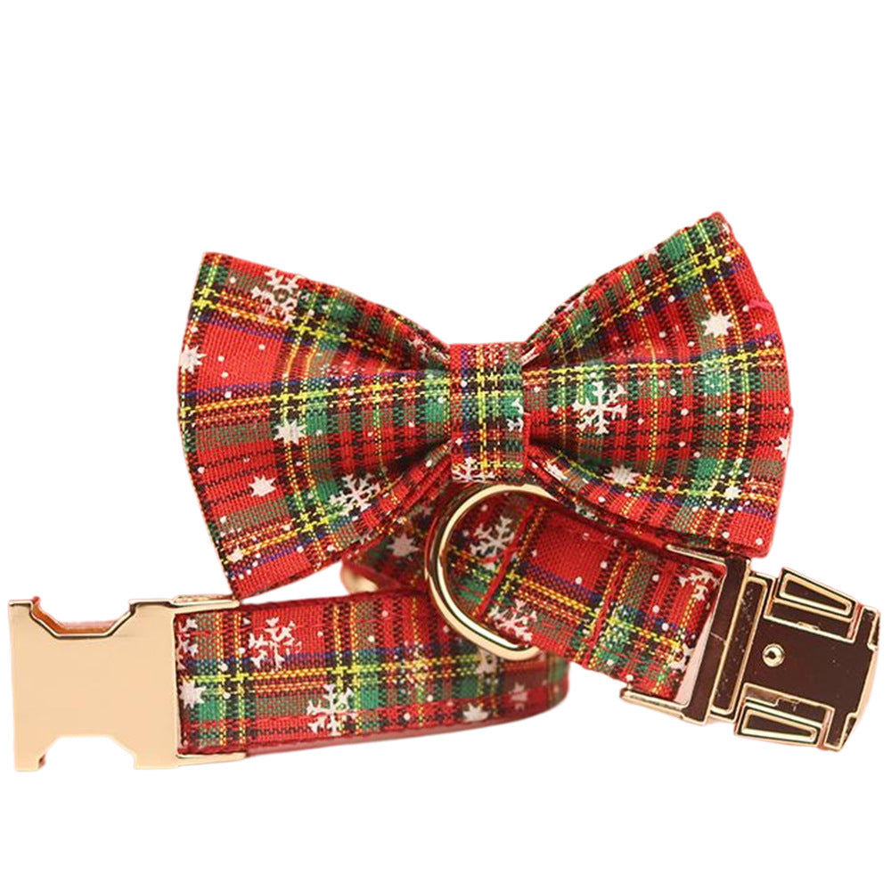 Christmas Pet Collar Plaid Rope Leash Suit Bowknot Flowers
