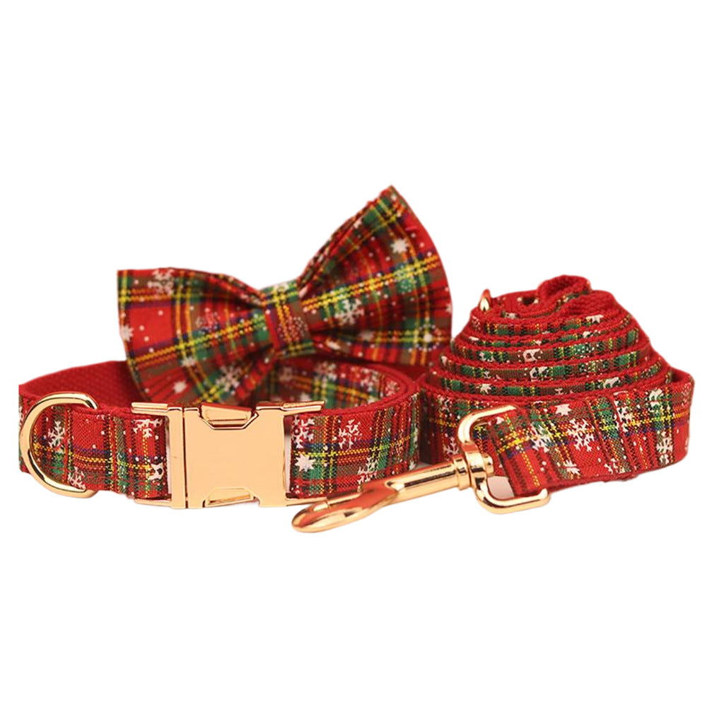 Christmas Pet Collar Plaid Rope Leash Suit Bowknot Flowers