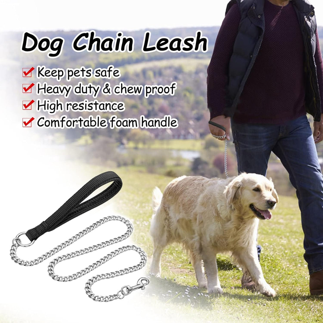 Heavy Duty Metal Chew Proof Pet Chain Leash With Padded Handle