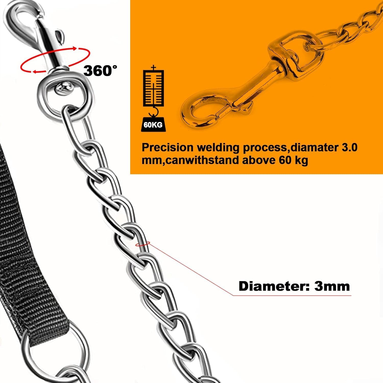 Heavy Duty Metal Chew Proof Pet Chain Leash With Padded Handle