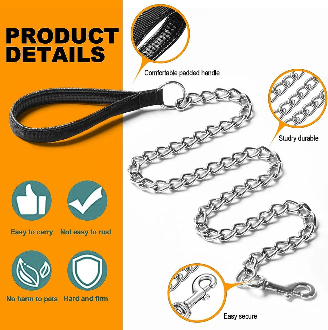 Heavy Duty Metal Chew Proof Pet Chain Leash With Padded Handle