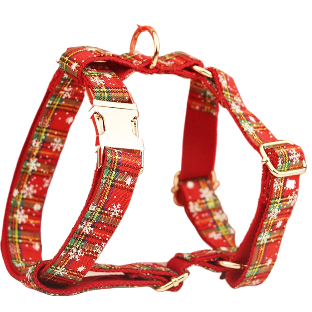 Christmas Pet Collar Plaid Rope Leash Suit Bowknot Flowers