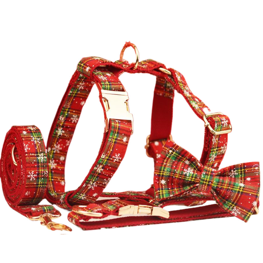 Christmas Pet Collar Plaid Rope Leash Suit Bowknot Flowers